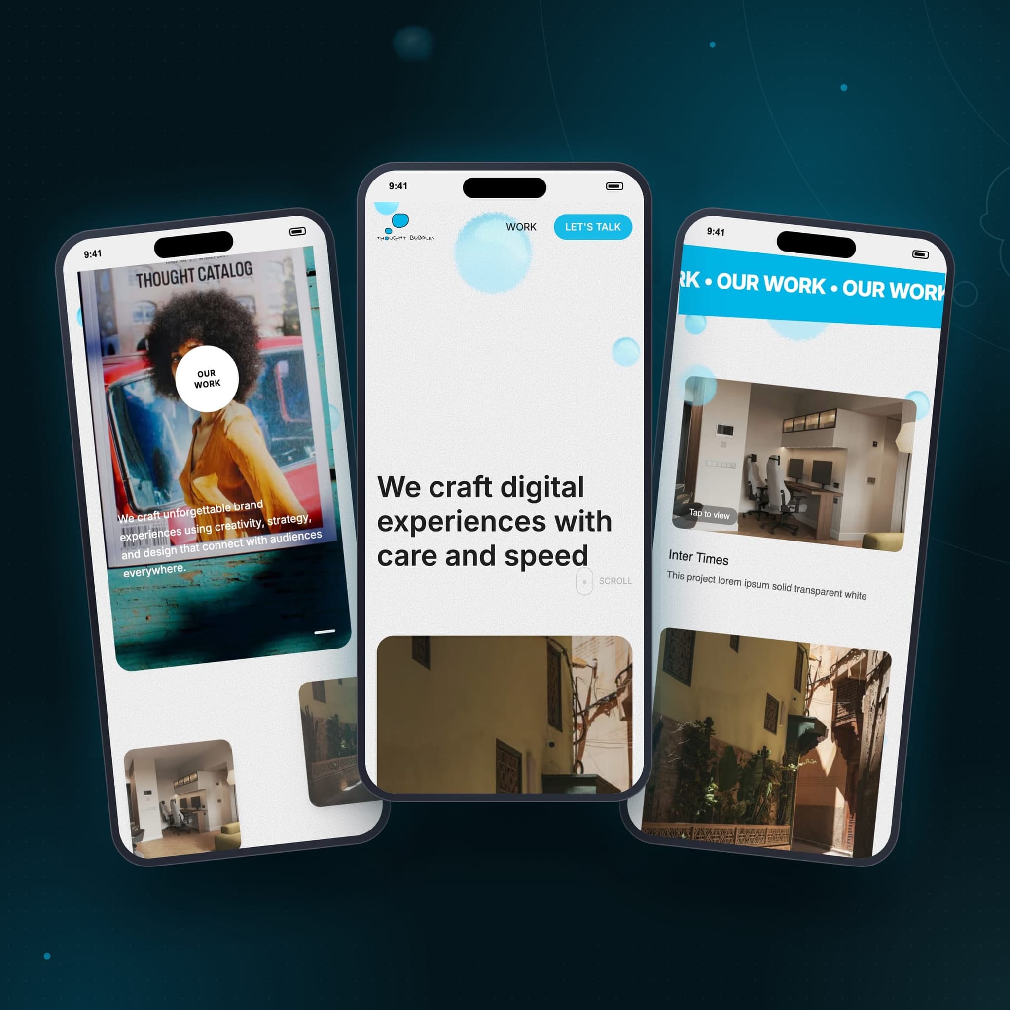 Mobile: hero, showcase slider and work grid