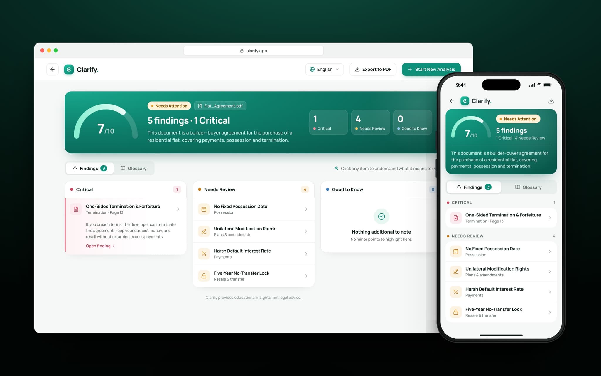 Upload a contract and get a risk score, with every finding sorted by how much it matters