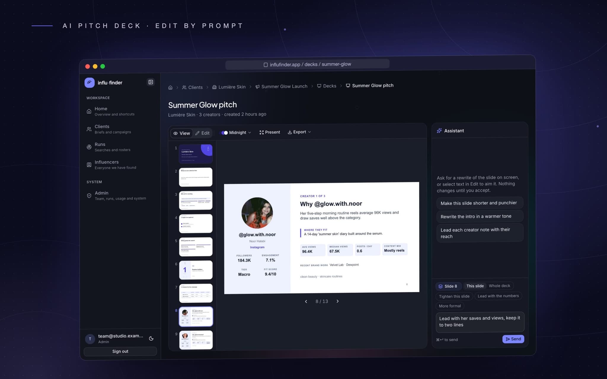 A pitch deck built from the shortlist, rewritten slide by slide with a prompt